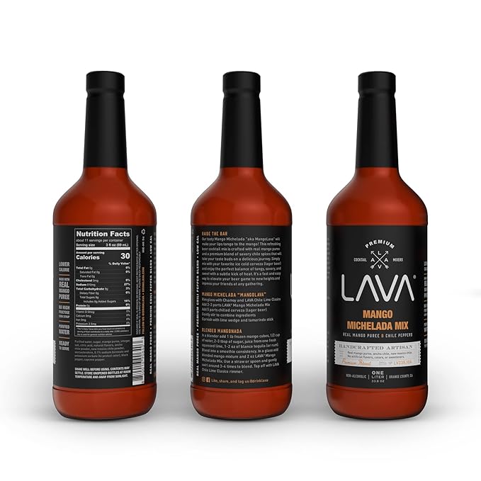 (3-Pack) LAVA Premium Mango Michelada Mix Made With Real Mango Puree, Ancho Chile Peppers, New Mexico Chile, Tamarind, Vegan, 1-Liter (33.8oz) Glass Bottle, Ready to Use-FemmiqueWomen