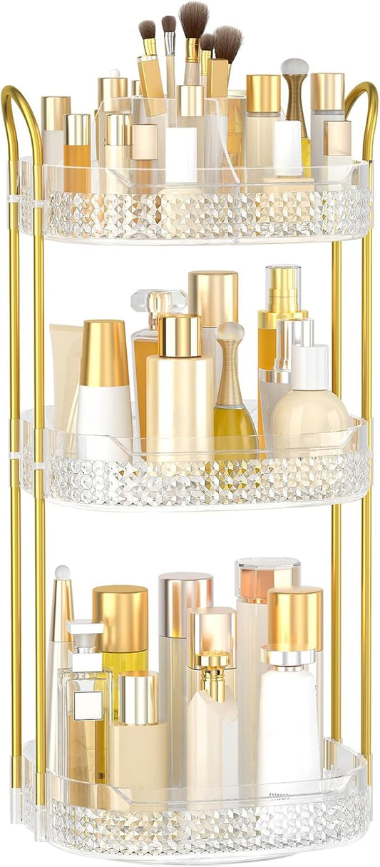 Rotating Makeup Organizer for Vanity 3 Tier, Perfume Organizer with Makeup Brush Holder, Large Capacity Cosmetics Clear Skincare Organizer for Countertop (Transparent)-FemmiqueWomen