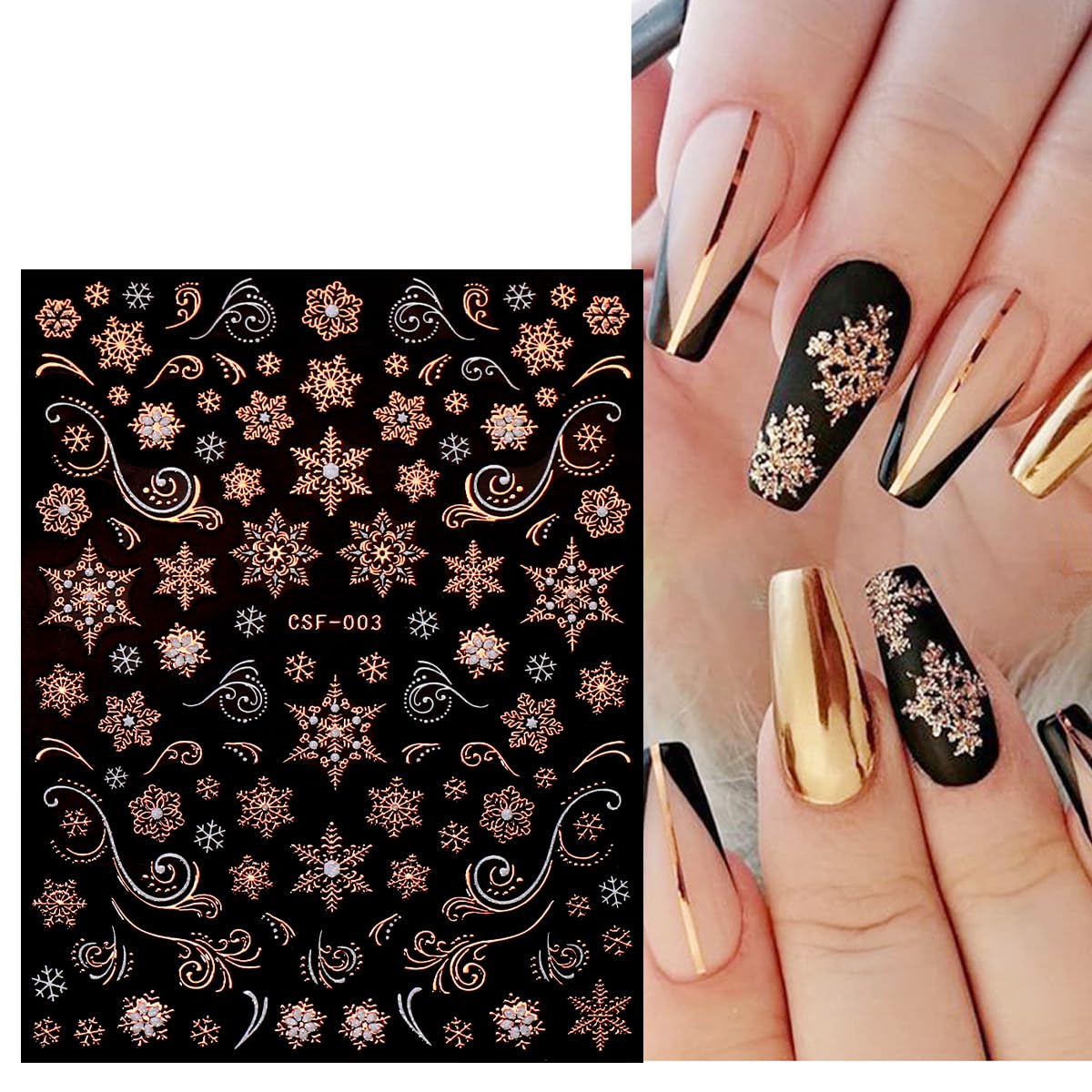 JMEOWIO 9 Sheets Christmas White Glitter Nail Art Stickers Decals Self-Adhesive Snowflake Winter Holiday Rose Gold Nail Supplies Nail Art Design Decoration Accessories-FemmiqueWomen