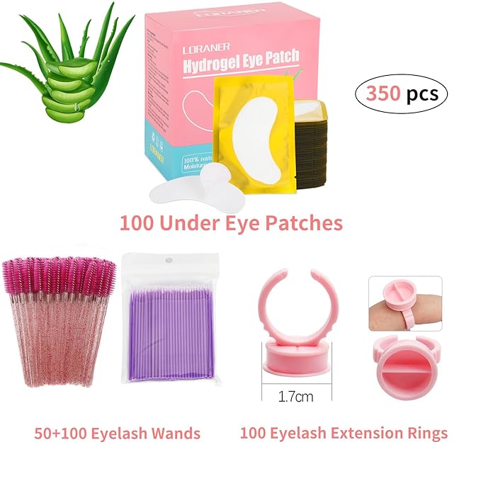 350 PCS Under Eye Gel Pads,Eyelash Mascara Brushes,Holder Eyelash Extension Rings - 100% Naturel Lint Free,Comfy and Cool,Eyelash Extension Eye Pads,Hydro gel Eye Patches Beauty Tool(Gold)-FemmiqueWomen