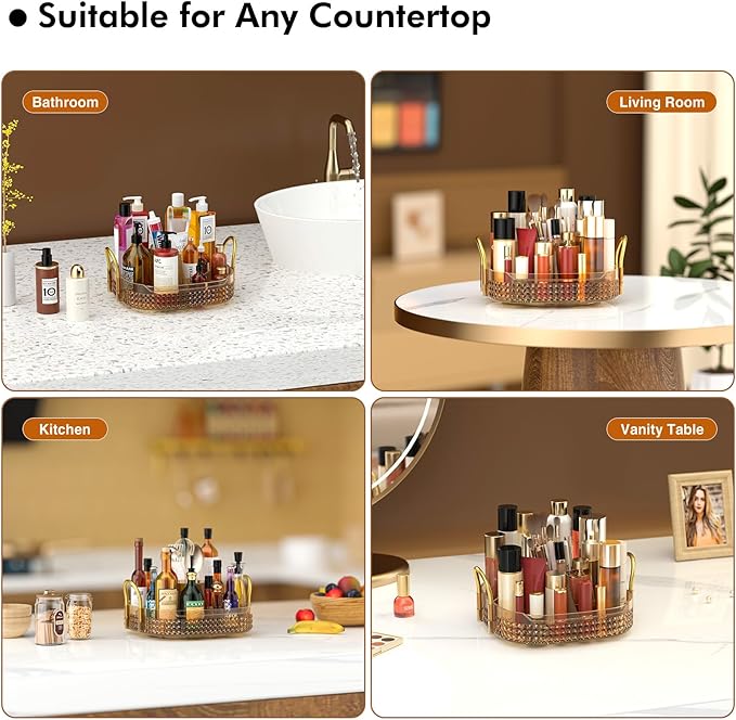 Awenia Rotating Makeup Organizer 360, Stackable Adjustable Large Capacity Cosmetic Storage Unit,Dresser Bathroom Kitchen Countertop Organizer with Metal Handle, Plus Size (Honorable Gold, 1 Tier)-FemmiqueWomen