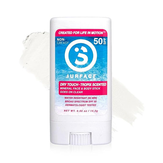 Surface Mineral Face Sunscreen Stick, Dry Touch SPF 50, Broad Spectrum UVA UVB Sun Protection for Kids and Adults, Travel Friendly, Water Resistant for 80 Minutes, Tropical Scent, 0.5oz-FemmiqueWomen