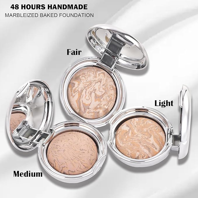 Marbleized Baked Foundation Makeup, Balance and Brighten Color Correcting Powder Foundation - Buildable Light to Medium Coverage - Demi-Matte Natural Finish (#001 FAIR, 0.32 Oz)-FemmiqueWomen