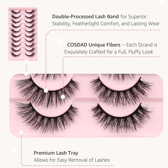 Cat Eye False Eyelashes – Natural Look, Wispy & Lightweight Glue-On Lashes, Reusable Fake Eyelashes for Everyday & Party Makeup (10 Pairs)-FemmiqueWomen