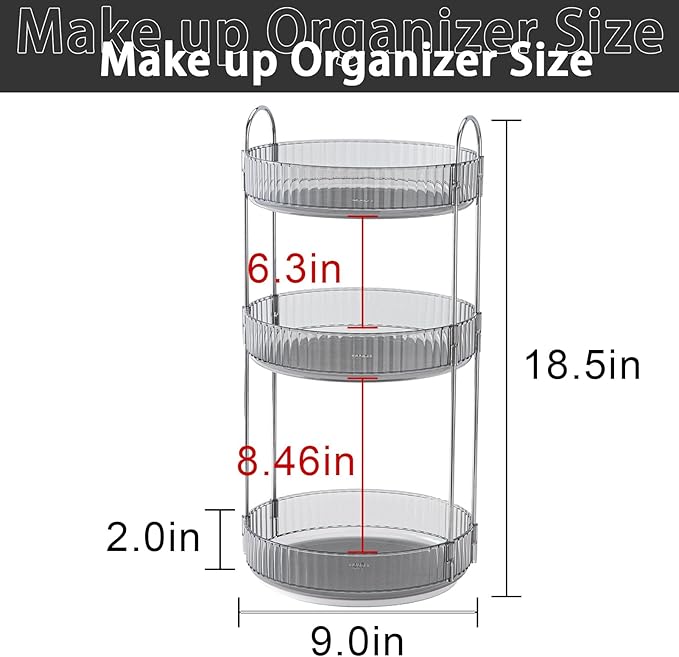 Rotating Makeup Organizer for Vanity, High-Capacity Skincare Clear Make Up Storage Perfume Organizers Cosmetic Dresser Organizer Countertop 360 Spinning (Gray, 3 Tier)-FemmiqueWomen