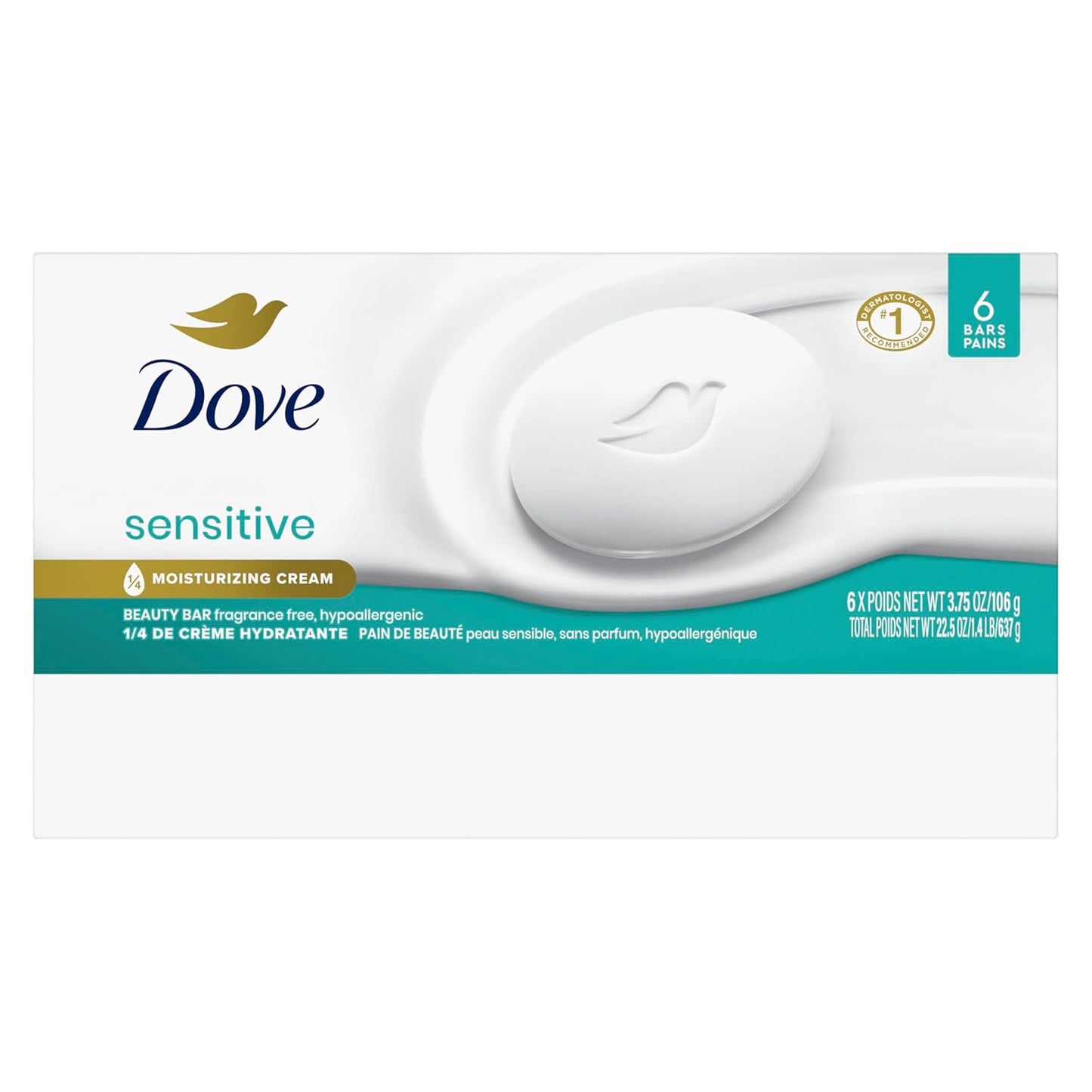Dove Beauty Bar Soap Sensitive, 6 Bars for Sensitive Skin, Fragrance Free and Hypoallergenic 3.75 oz-FemmiqueWomen