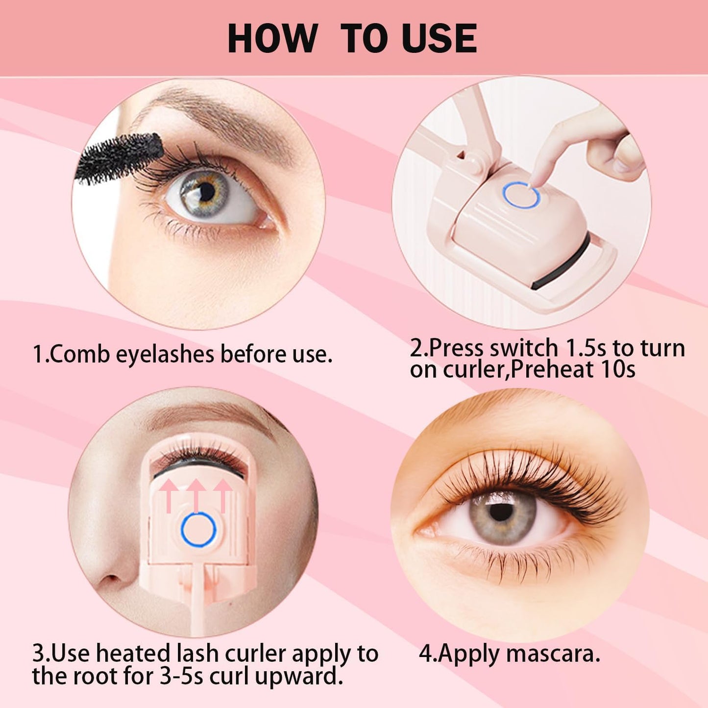 Heated Eyelash Curler, Rechargeable Electric Eyelash Curler, 3-Level Temperature Control, 24 Hour Long Lasting Curl, Suitable for All Beauty Enthusiasts-FemmiqueWomen