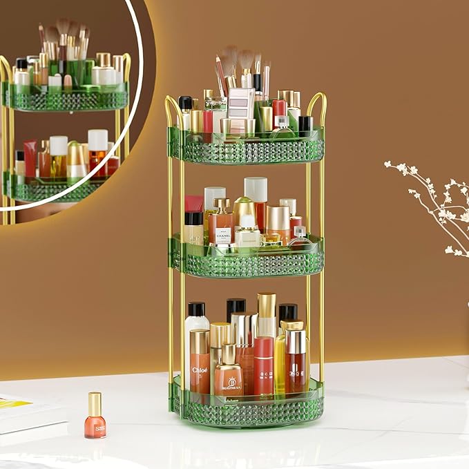 Awenia Rotating Makeup Organizer 360, Stackable Adjustable Large Capacity Cosmetic Storage Unit,Dresser Bathroom Kitchen Countertop Organizer with Metal Handle, Plus Size (Gem Green, 3 Tier)-FemmiqueWomen