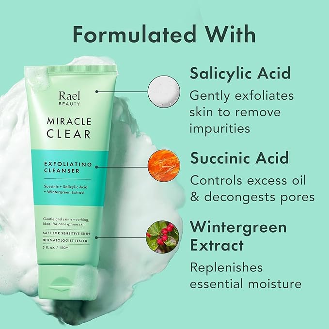 Rael Miracle Clear Face Wash – Gentle Exfoliating Cleanser with Succinic Acid & Minerals, Hydrating Formula for Daily Use, Ideal for Acne-Prone, Dry, Sensitive & Oily Skin, Vegan (5 fl oz)-FemmiqueWomen