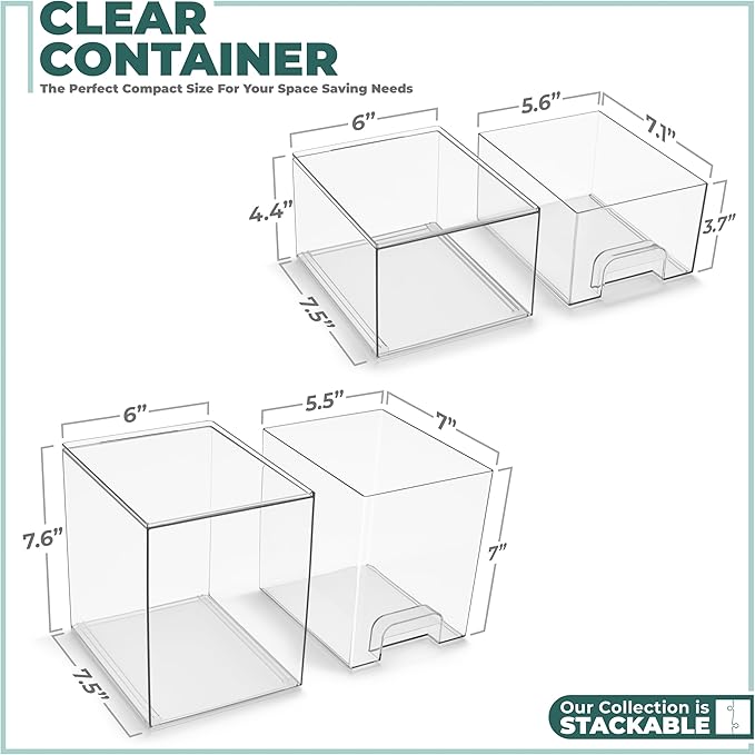 Sorbus Acrylic Storage Containers - 2 Pack, Stackable Storage Bins Set for Bathroom Organization - Clear Acrylic Drawer Organizers - Makeup Case Pull-Out Drawers (7.6’’ and 4.4’’ Tall)-FemmiqueWomen