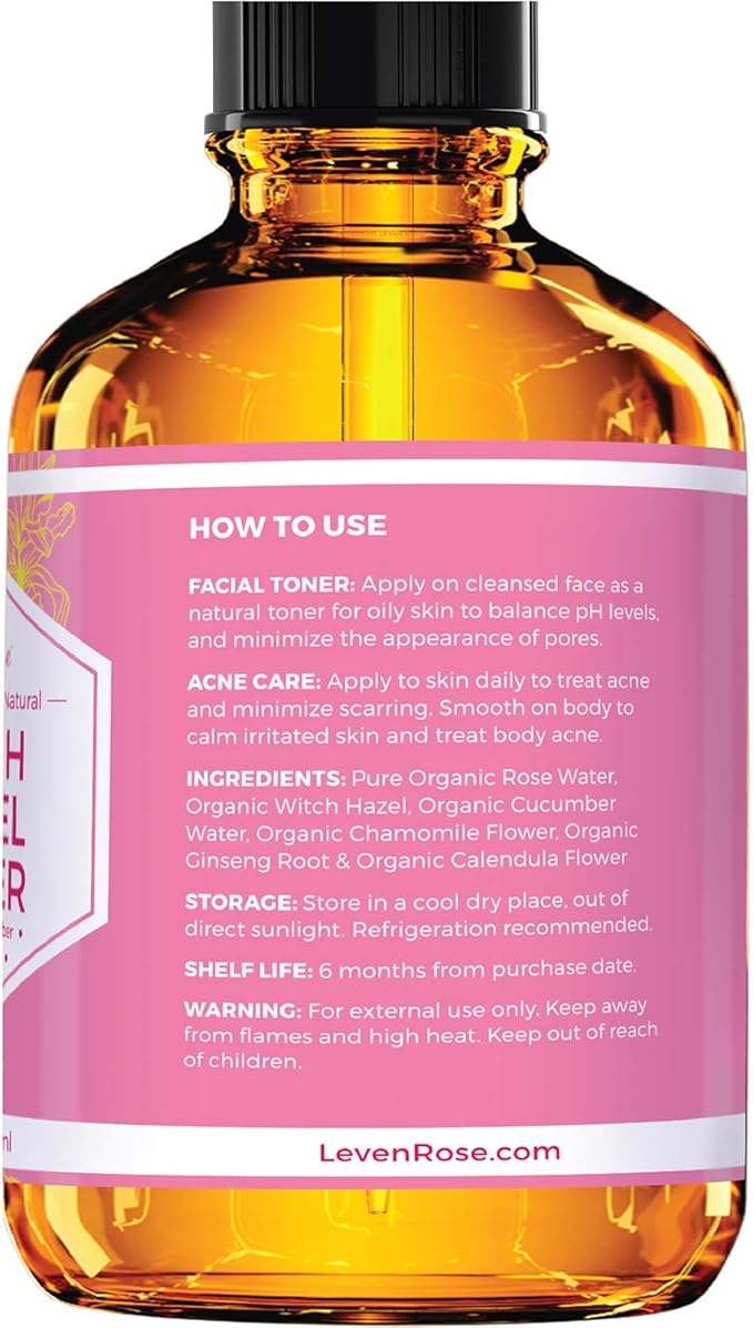 Witch Hazel Alcohol Free Toner by Leven Rose, 100% Pure Organic Facial Rose Water with Rose Petals, Calendula, Cucumber, and Chamomile Flower 4 oz-FemmiqueWomen