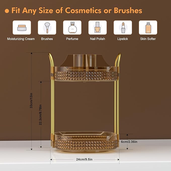 Awenia Rotating Makeup Organizer 360, Stackable Adjustable Large Capacity Cosmetic Storage Unit,Dresser Bathroom Kitchen Countertop Organizer with Metal Handle, Plus Size (Honorable Gold, 2 Tier)-FemmiqueWomen