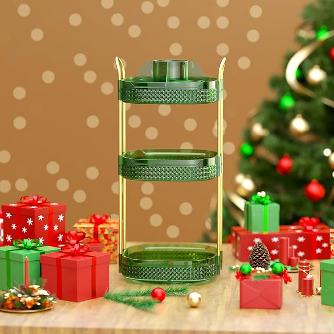 Awenia Rotating Makeup Organizer 360, Stackable Adjustable Large Capacity Cosmetic Storage Unit,Dresser Bathroom Kitchen Countertop Organizer with Metal Handle, Plus Size (Gem Green, 3 Tier)-FemmiqueWomen