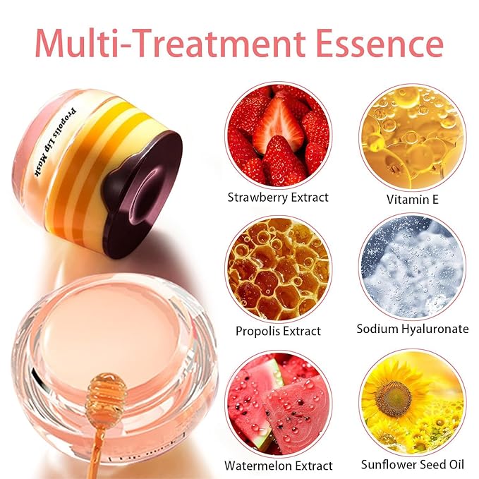 3 Pcs Honey Lip Balm, Bee Lip Balm Honey Pot,Moisturizing Lip Mask Overnight,Hydrate Repair Prevent Dry Cracked Lip Care (Honey+Strawberry+Watermelon)-FemmiqueWomen