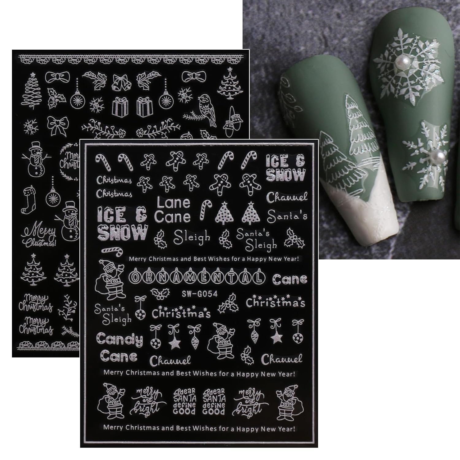 JMEOWIO 9 Sheets Christmas Glitter Nail Art Stickers Decals Self-Adhesive Snowflake Winter Holiday White Nail Supplies Nail Art Design Decoration Accessories-FemmiqueWomen