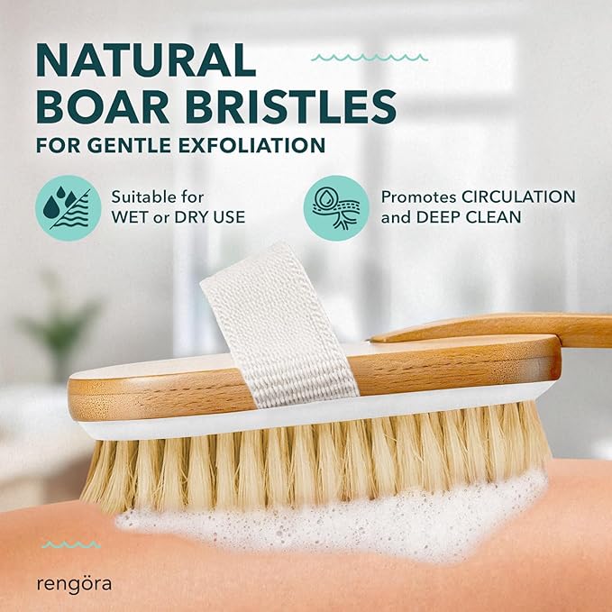 Long Handled Back Scrubber for Shower 18"" Handle Boar Bristle Back Brush – Wooden Bath Brush, Back Scrubbing Brush, Shower Brush, Body Scrub Brush, Bath Brush Long Handle for Shower by rengöra