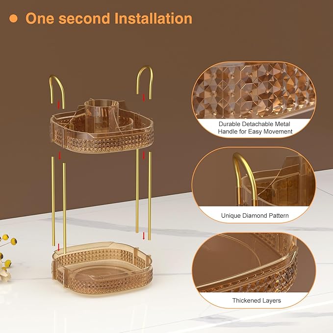 Awenia Rotating Makeup Organizer 360, Stackable Adjustable Large Capacity Cosmetic Storage Unit,Dresser Bathroom Kitchen Countertop Organizer with Metal Handle, Plus Size (Honorable Gold, 2 Tier)-FemmiqueWomen