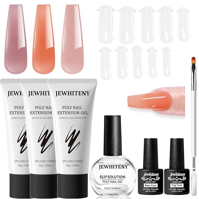 JEWHITENY Poly Extension Gel Nail Set Clear Pink Poly Nail Gel With Slip Solution Base Coat Top Coat French Manicure Need U V Lamp Curing for Finger Art and Home DIY-FemmiqueWomen