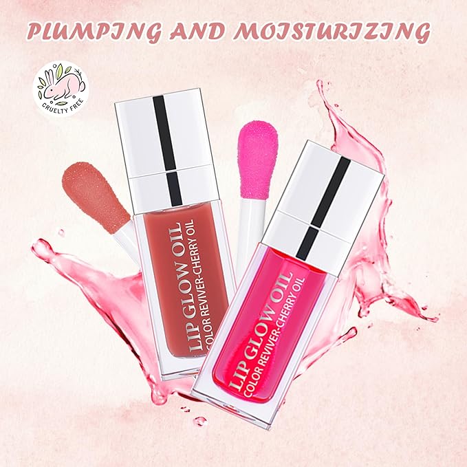 2PCS Lip Oil Set, Hydrating Lip Glow Oil Lip Plumper Gloss, Tinted Lip Oils Transparent Long Lasting Non-sticky Lip Gloss, Plumping Lip Gloss Lip Care Kit (Rosewood & Cherry)-FemmiqueWomen