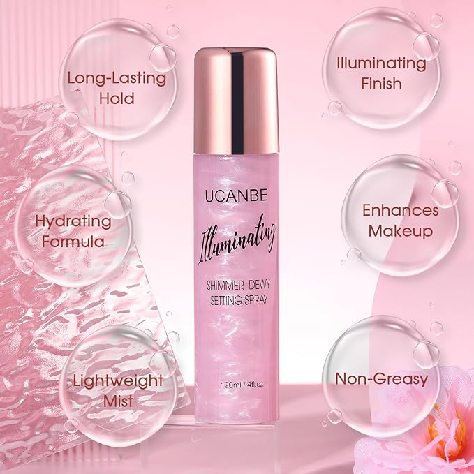 UCANBE Shimmer Dewy Setting Spray – Glowing + Makeup Setting Spray 2 in 1 Lightweight Formula for a Radiant Glow,Long-Lasting Face Mist for Face Body, 4 Fl Oz #Bubblegum-FemmiqueWomen