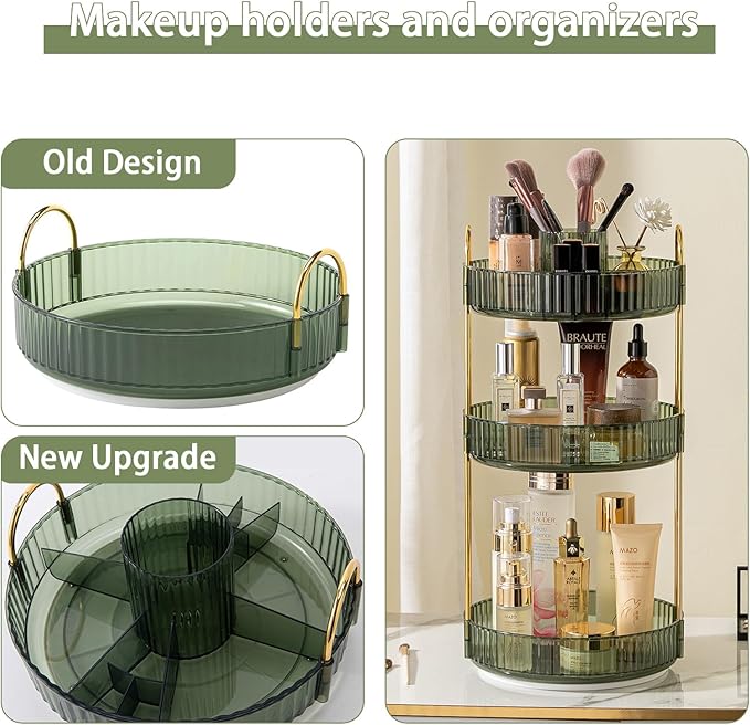 Rotating Makeup Organizer for Vanity, High-Capacity Skincare Clear Make Up Storage Perfume Organizers Cosmetic Dresser Organizer Countertop 360 Spinning (Green, New-3 Tier)-FemmiqueWomen