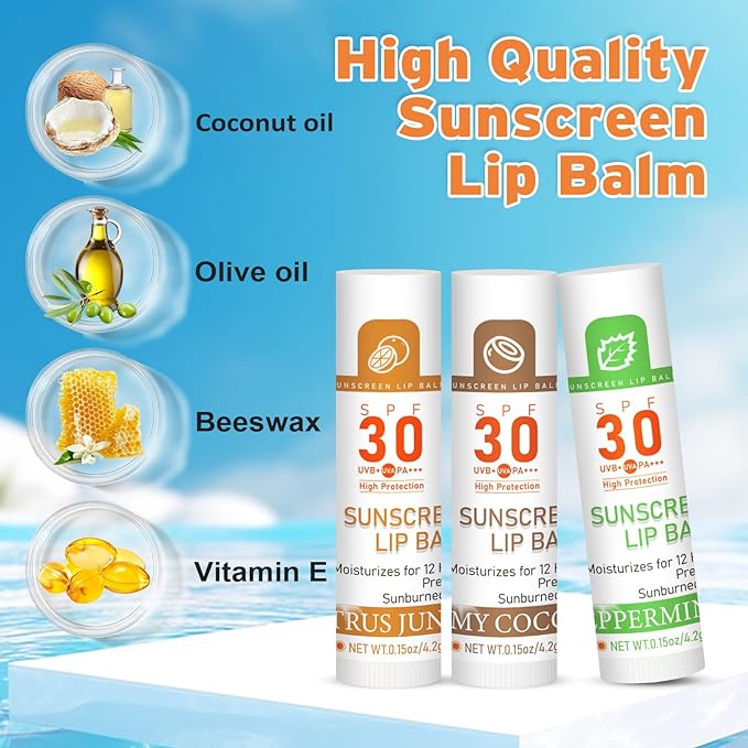 SPF 30 Lip Balm with Sunscreen, SPF Lip Balm Bulk Travel Size-64 Pack, Hydrating Lip Balm Pack with Vitamin E and Coconut Oil- 8 Flavors-FemmiqueWomen