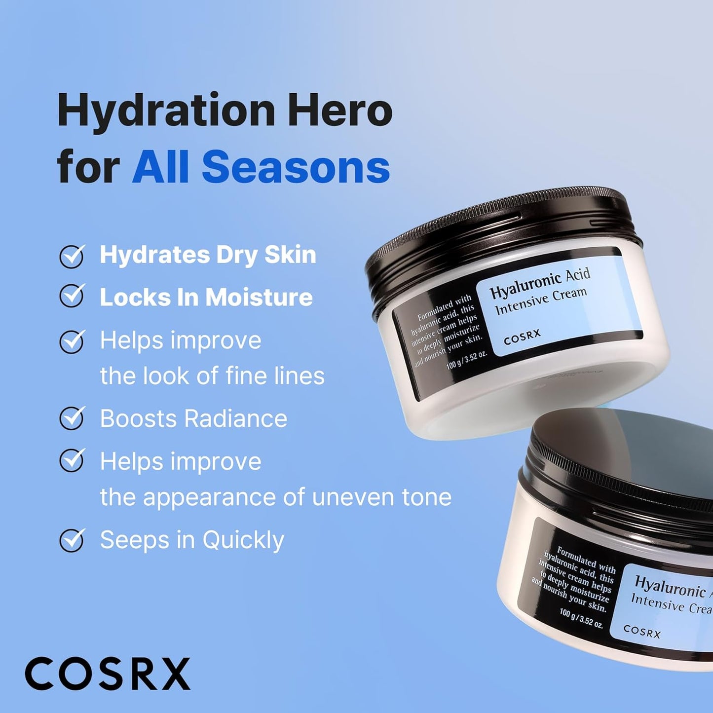 COSRX Hyaluronic Acid Moisturizing Cream, Long-lasting Hydration, Rich Moisturizer for Sensitive Skin 3.52 oz / 100g, Korean Skin Care, Animal Testing Free, Parabens Free-FemmiqueWomen