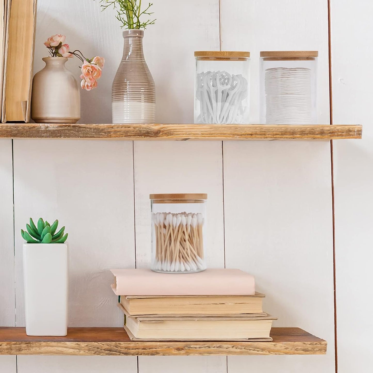 3 Pack Glass Qtip Holder Dispenser Set - Apothecary Jars with Lids for Vanity Makeup Organizer - Bathroom Canister Storage Organizer for Cotton Ball,Swab,Round Pads,Floss-FemmiqueWomen