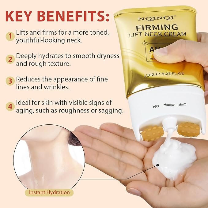 AH-8 Firming Neck Cream with Roller - Neck and Chest Firming Cream to Lift, Tighten & Smooth Sagging Skin, Reduce Wrinkles & Hydrate for Youthful Neck, 4.23 Fl Oz-FemmiqueWomen