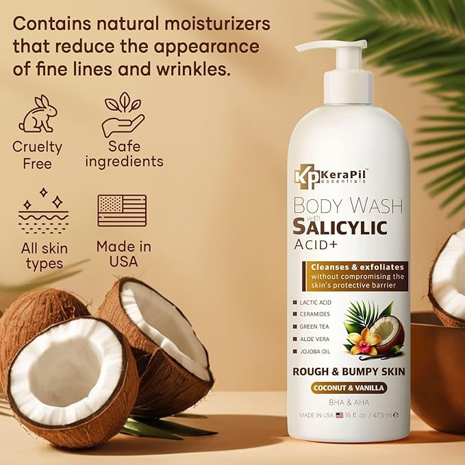 Exfoliating Body Wash with Salicylic Acid - No Dry Out, Gentle Exfoliates Rough and Bumpy Skin, Body Acne Wash, BHA & AHA - Coconut and Vanilla with Salicylic Acid - (16 fl oz)-FemmiqueWomen