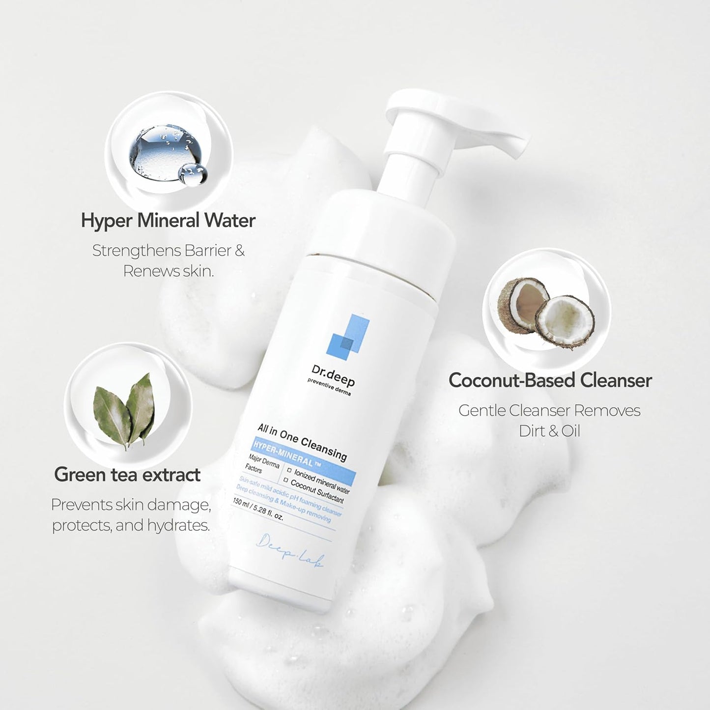 Dr.Deep All in One Cleansing - Korean Foaming Facial Cleanser for Bumpy Skin & Blackheads, Makeup Removing Cleanser & Gentle Face Wash for All Skin Types - 5.07 fl. oz-FemmiqueWomen