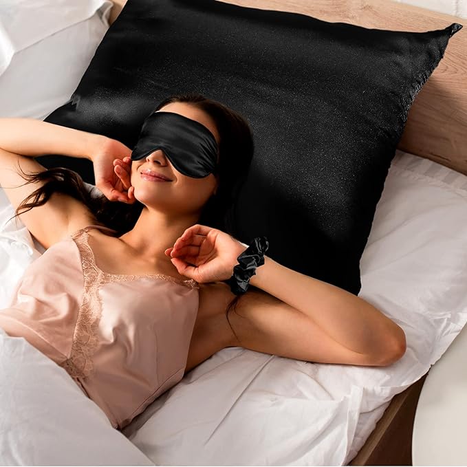 2 Pack Satin Pillowcase with Latent Zipper, Adjustable Satin Eye Mask for Sleeping and Satin Volume Scrunchie for Hair and Skin, Standard Size (Classic Style, Black)-FemmiqueWomen