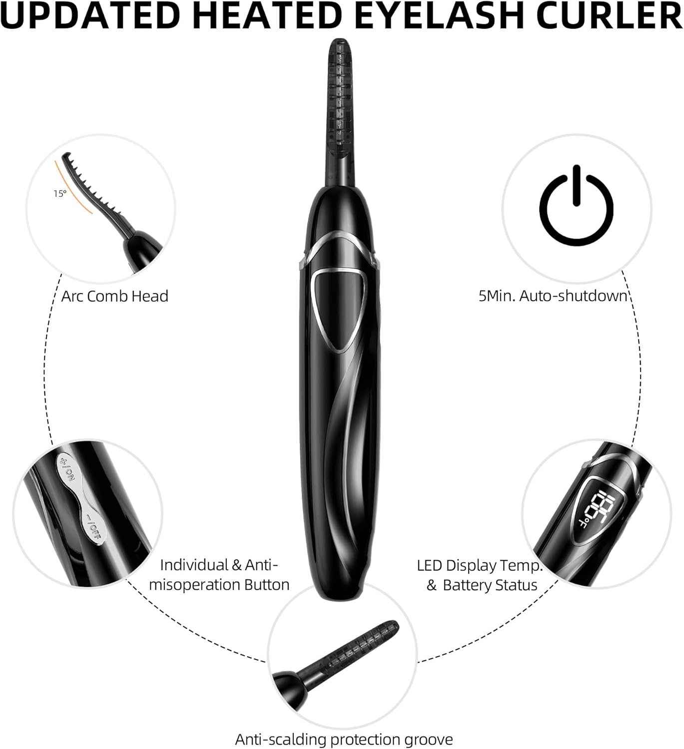 Heated Eyelash Curlers, Portable Heated Lash Curler,Heated Eyelash Curler Intelligent Power 0ff, Makeup Electric Eyelash Curler (Black/Silver, S600-148MM)-FemmiqueWomen