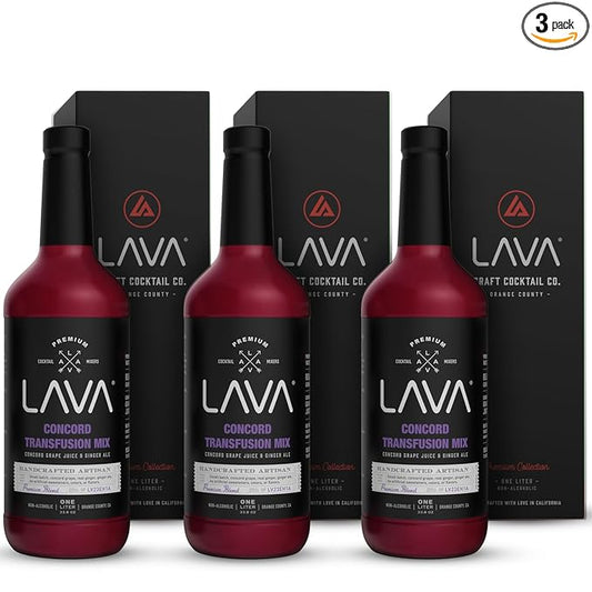 (3 Pack) LAVA Premium Concord Transfusion Mix made with concord grape juice, real ginger, ginger ale, no artificial sweeteners, 1-Liter (33.8oz) Glass Bottle, Ready to Use.-FemmiqueWomen