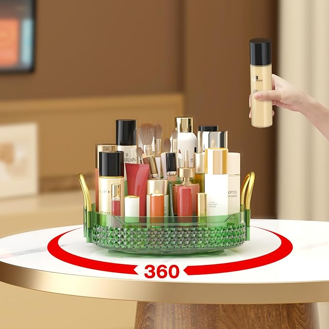 Awenia Rotating Makeup Organizer 360, Stackable Adjustable Large Capacity Cosmetic Storage Unit,Dresser Bathroom Kitchen Countertop Organizer with Metal Handle, Plus Size (Gem Green, 1 Tier)-FemmiqueWomen