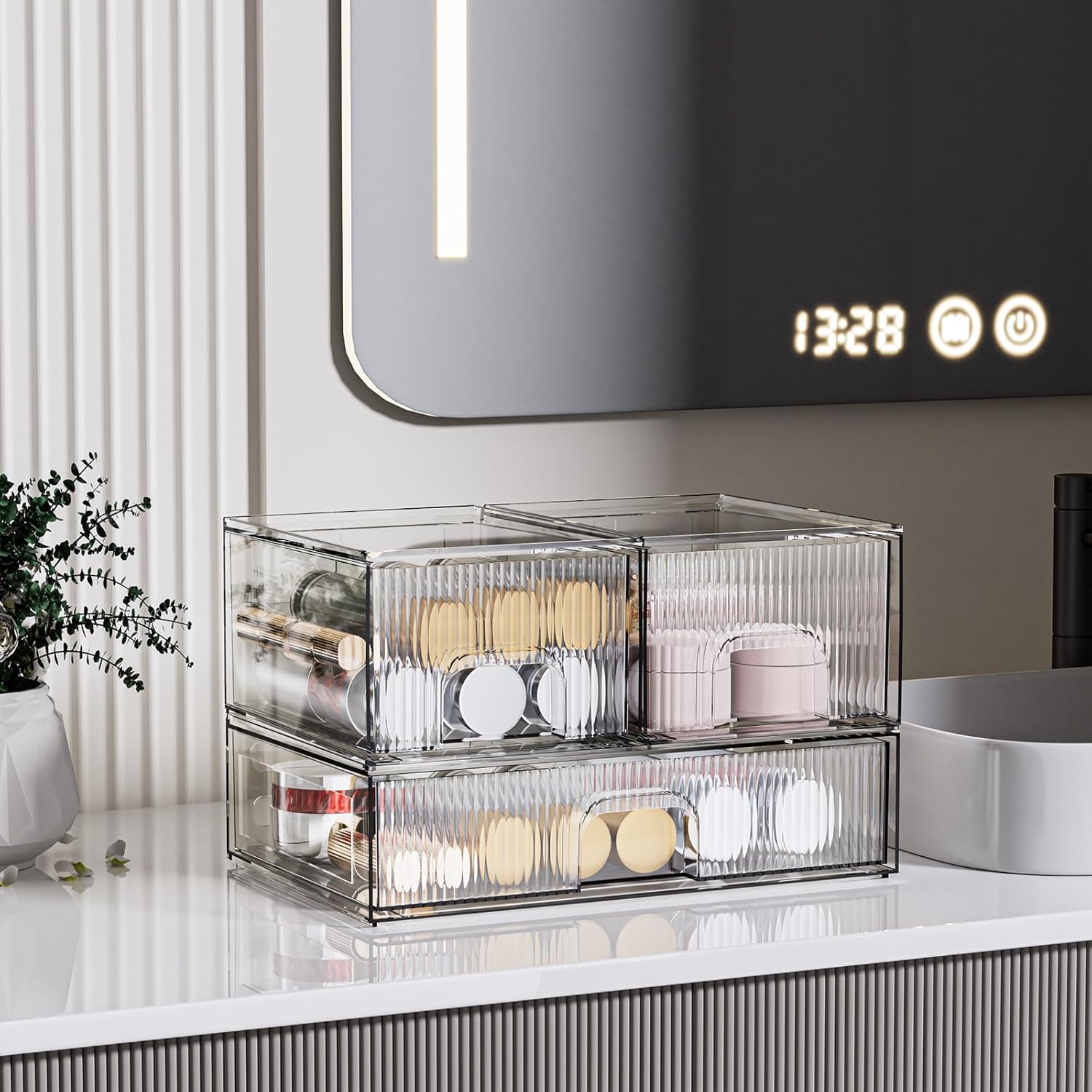 ZHIAI 3 Pack Clear Stackable Cosmetic Organizer with Acrylic Drawers for Cosmetics and Small Items for Dresser, Vanity, Kitchen Cabinet, Pantry, Home Organization and Storage-FemmiqueWomen