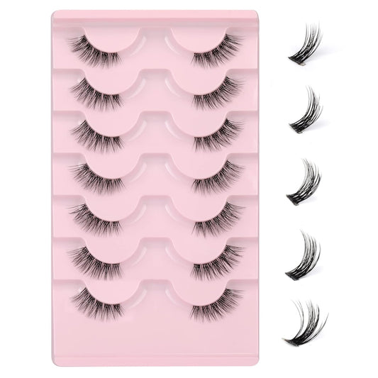JIMIRE Half Lashes with Clear Band Cat-Eye Lashes Fluffy Wispy Accent False Eyelashes Natural Look Handmade Soft DIY Cluster Lashes Pack 7 Pairs-FemmiqueWomen