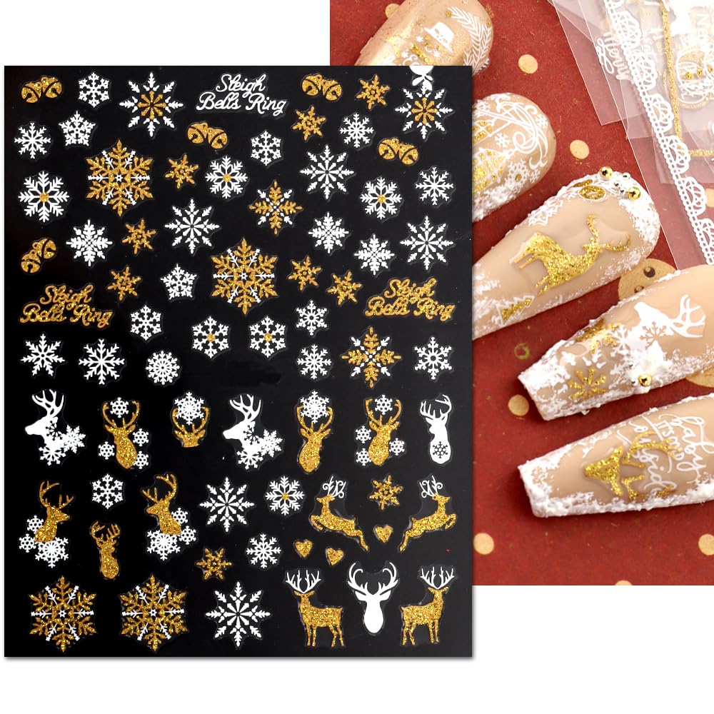 JMEOWIO 9 Sheets Christmas Nail Art Stickers Decals Self-Adhesive Pegatinas Uñas Bling Snowflake Snowman Holiday White Gold Nail Supplies Nail Art Design Decoration Accessories-FemmiqueWomen