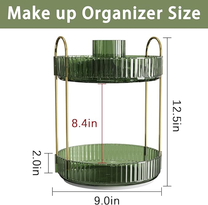 Rotating Makeup Organizer for Vanity, High-Capacity Skincare Clear Make Up Storage Perfume Organizers Cosmetic Dresser Organizer Countertop 360 Spinning (Green, New-2 Tier)-FemmiqueWomen