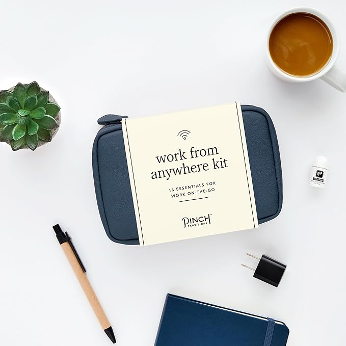 Pinch Provisions Work from Anywhere Kit, Includes 18 Essentials to Help You Stay on Task, Must-Have Essentials, Compact Multi-Functional Vegan Leather Pouch, Navy-FemmiqueWomen