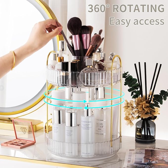 360° Rotating Makeup Organizer, Large-Capacity Skincare Make Up Storage 2 Tier Perfume Organizers Cosmetic Dresser Organizer with Makeup Brush Holder, Fits Bedroom, Bathroom, Vanity Shelf Countertop-FemmiqueWomen