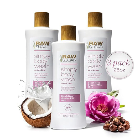 RAW SUGAR Simply Body Wash, Beach Rose + Coconut Milk + Shea (25 Fl Oz, Pack of 3) Sensitive Skin Bath Soap, Formulated without Sulfates & Parabens…-FemmiqueWomen