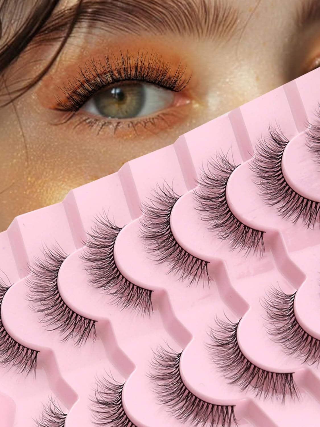 Natural Lashes Eyelashes Wispy 12mm False Lashes Soft Strip Lashes 3D Volume Eyelashes Thin Cotton Band Natural Eye Lashes C Curl Eyelash Siligli Lash Pack 7 Pair-FemmiqueWomen