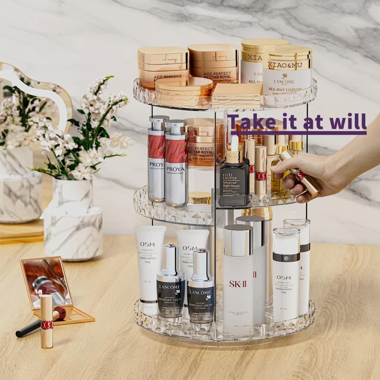 ZHIAI 360 Rotating Makeup Organizer, Large Capacity Cosmetics Organizer for Perfume Holder Organizer Countertop, DIY Adjustable Bathroom Makeup Carousel Holder Rack, Clear Diamond-FemmiqueWomen