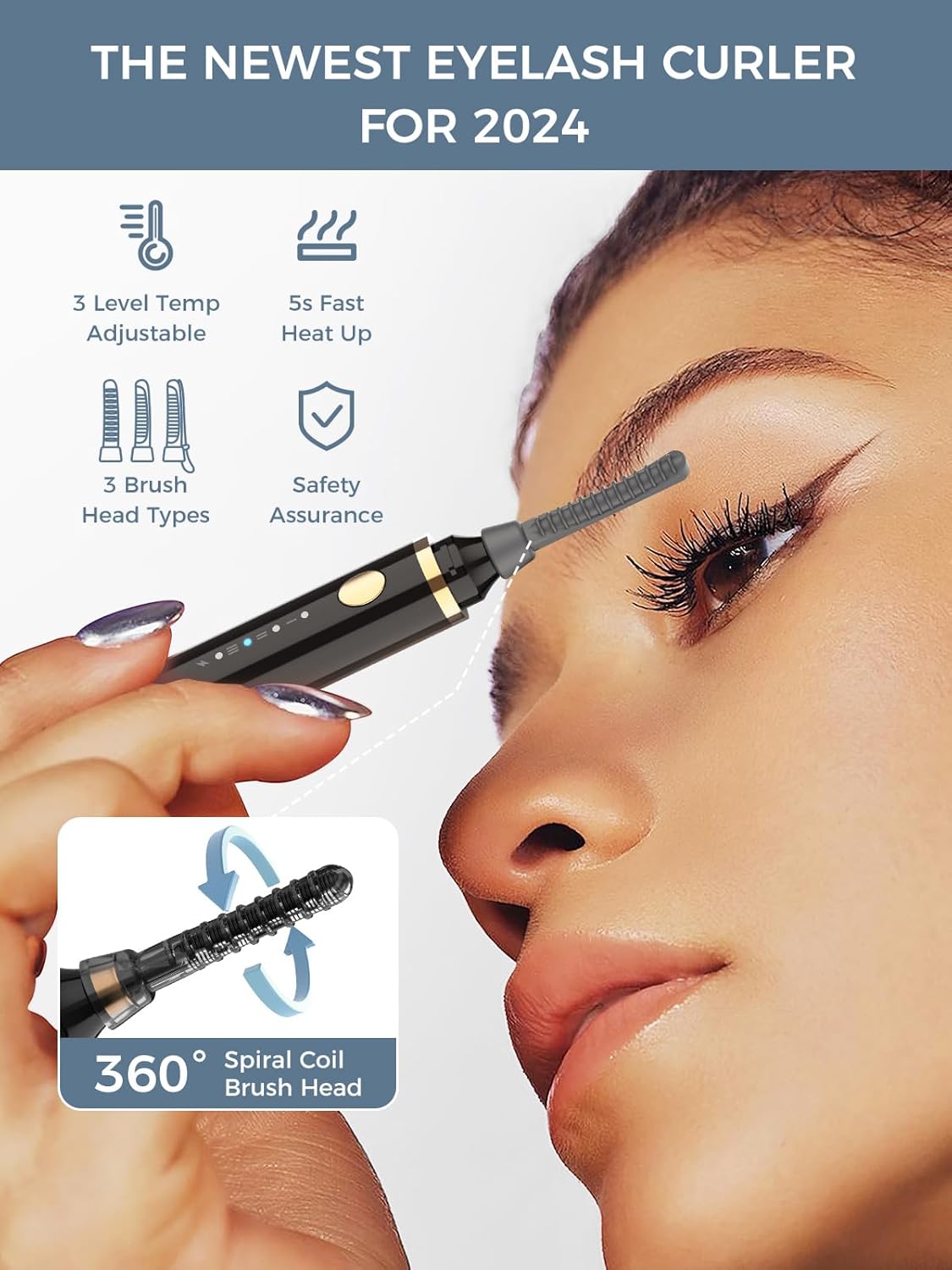 Smiling Shark Heated Eyelash Curler, 2025 New 360°Wand-Style Heated Lash Brush Rechargeable with 3 Brush Heads & 3 Temp 【Lengthen/Define/Curler】 3-in-1 Lash Curler for All Types of Lashes, Black-FemmiqueWomen