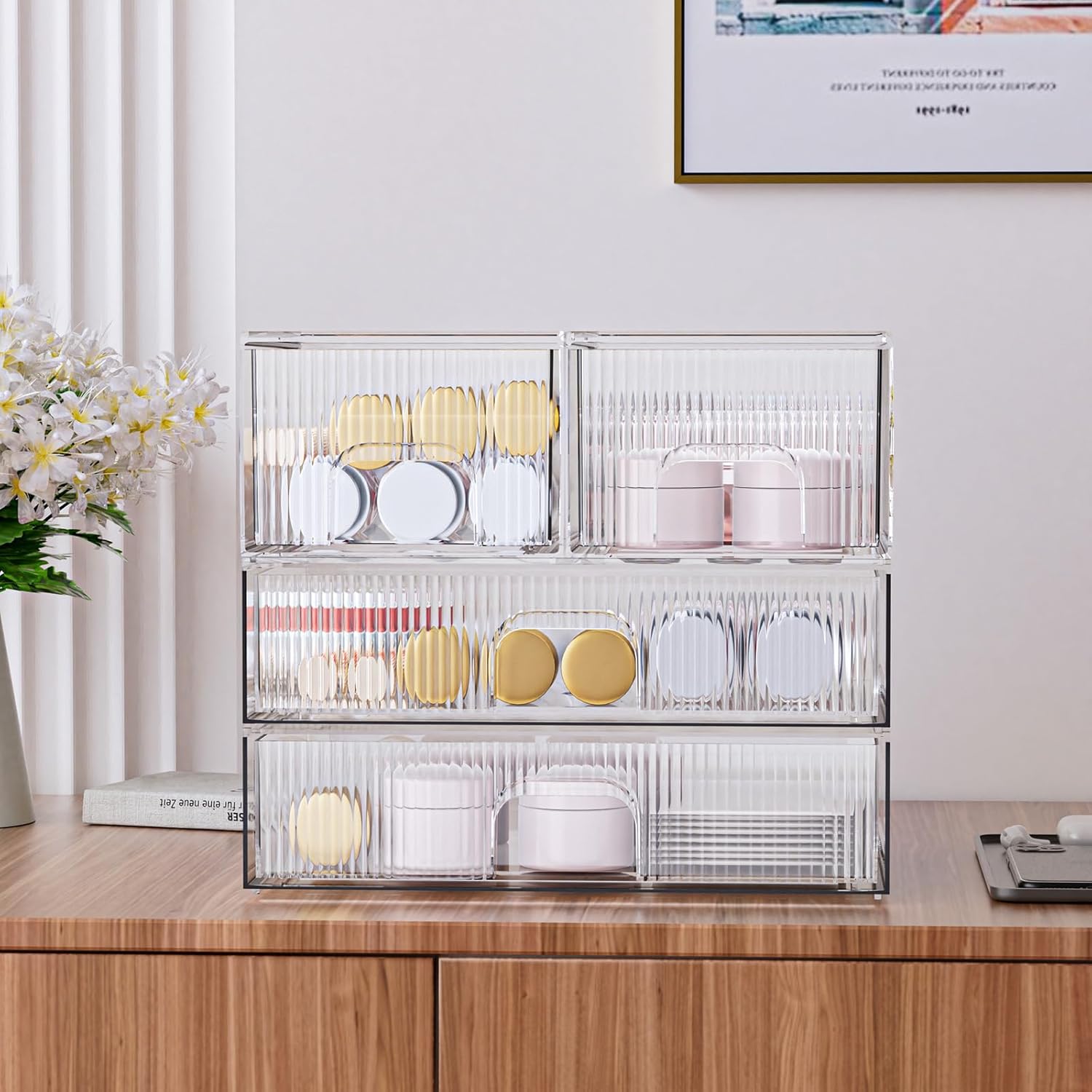 ZHIAI Stackable Storage Box, Acrylic Organizer, Cosmetic Organizer for Cosmetics and Beauty Products for Dressers, Bathrooms, Cabinets, Bedrooms and Home Organization 4 Piece Set-FemmiqueWomen