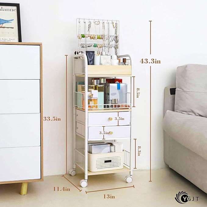 YGJT Makeup Organizer, Floor Skincare Cosmetics Organizer with Drawers, Jewelry Organizers and Storage for Earring Necklace, Vanity Organizer for Skin Care Perfume Makeup Brush Nail Polish Hair Tool-FemmiqueWomen