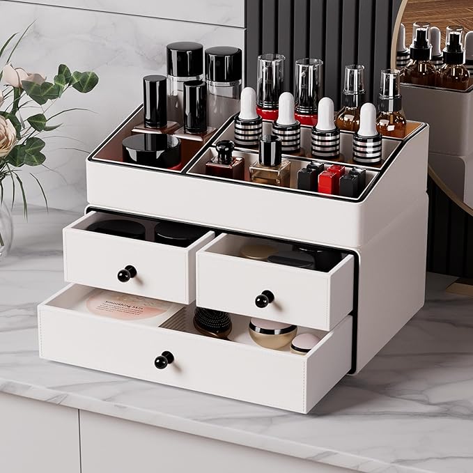 GORESE Leather Makeup Organizer with Drawers for Vanity, Stackable Skincare Holder Dresser Organizer Countertop, Make Up Storage Organizers Counter Cosmetic Display Case Gifts for Women(Cream White)-FemmiqueWomen