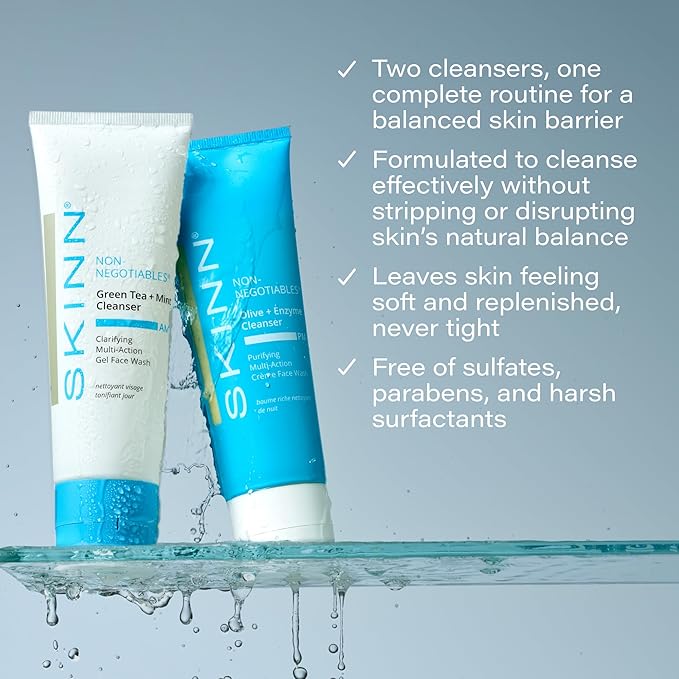 SKINN Day & Night Face Wash for Women & Men - Refreshing Green Tea & Mint Infusion, Nourishing Olive & Enzyme Formula - Complete AM/PM Cleanser Set for Hydrated-FemmiqueWomen