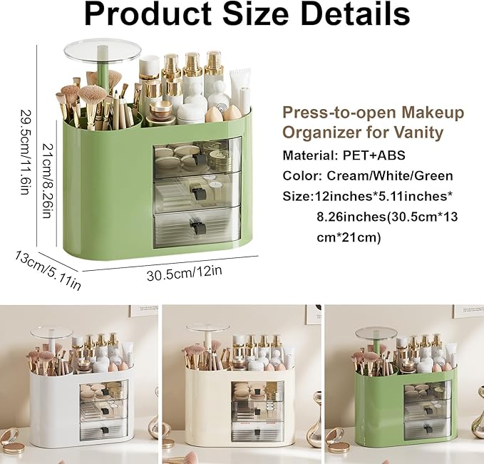 DASITON Makeup Organizer with 3 Drawers,Automatic Lifting Makeup Brush Holder with Lid,Large Capacity Makeup Organizers for Vanity,Bathroom Countertop,Ideal Storage Skin Care,Brushes,Lipstick (Green)-FemmiqueWomen